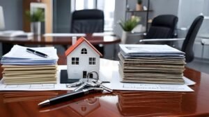 casa moderna con llave y documentos legales