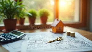 casa moderna con llaves y calculadora