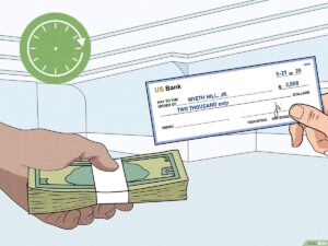 cheque siendo depositado en un banco moderno