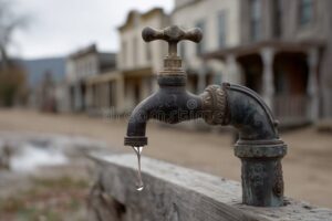 grifo goteando agua en barrio urbano
