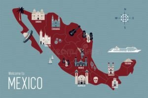 mapa de mexico con iconos de tiendas