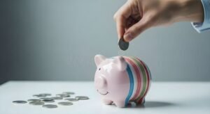 persona colocando monedas en una alcancia azul