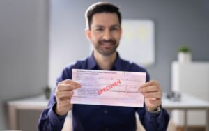 persona entregando cheque a banco sonriente