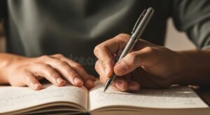 persona escribiendo en un cuaderno abierto