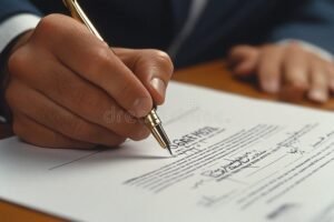 persona firmando documento oficial con pluma