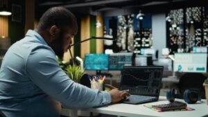 persona frustrada frente a computadora y formulario federal