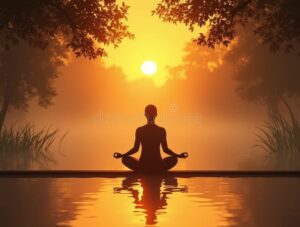 persona meditando en la naturaleza al amanecer