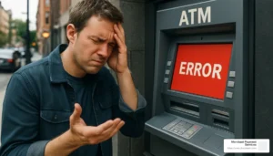persona revisando cajero automatico frustrada