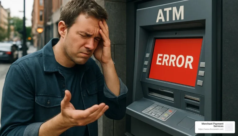 persona revisando cajero automatico frustrada