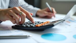 persona revisando documentos financieros y calculadora