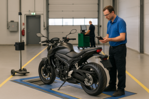 persona revisando papeles con motocicleta nueva