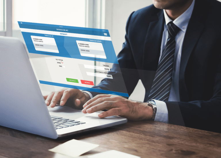 persona usando computadora para transferencia bancaria internacional
