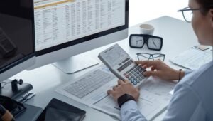 persona usando computadora y documentos financieros