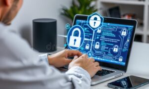 persona usando laptop con iconos de seguridad digital
