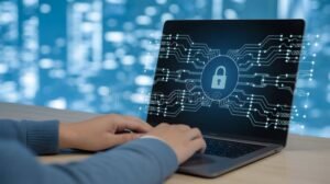 persona usando laptop con pantalla de seguridad digital