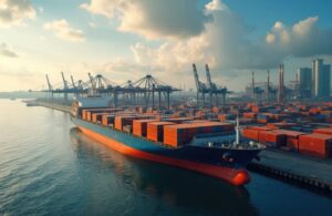 puerto maritimo activo con barcos y gruas