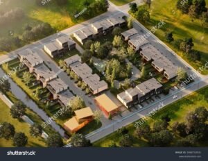 vista aerea de comunidad residencial moderna